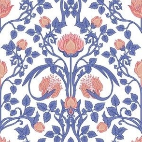 Arts and Crafts Floral Foliage Damask in Coral and Denim Blue on White