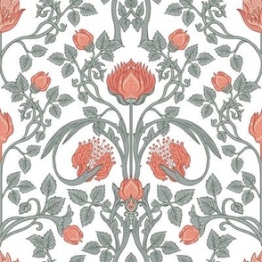 Arts and Crafts Floral Foliage Damask in Coral and Mint Green on White
