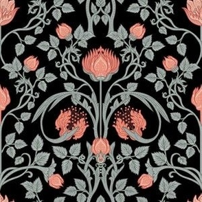 Arts and Crafts Floral Foliage Damask in Coral and Mint Green on Black