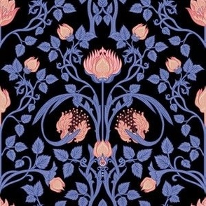Arts and Crafts Floral Foliage Damask in Coral and Denim Blue on Black