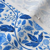 Indian floral, birds and flowers block print inspired  in China Delft blue and white  small scale