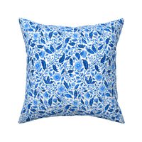 Indian floral, birds and flowers block print inspired  in China Delft blue and white  small scale