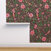 Floriography pink camelia,  in Indian floral, birds and flowers trailing floral watercolor in pink, green yellow on burgundy red