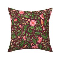 Floriography pink camelia,  in Indian floral, birds and flowers trailing floral watercolor in pink, green yellow on burgundy red