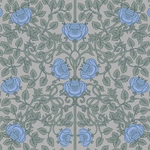 Arts and Crafts Rose Hedge in Cornflower Blue and Muted Green on Gray