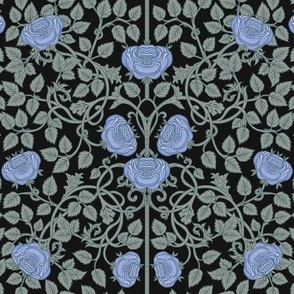 Arts and Crafts Rose Hedge in Cornflower Blue and Muted Green on Black