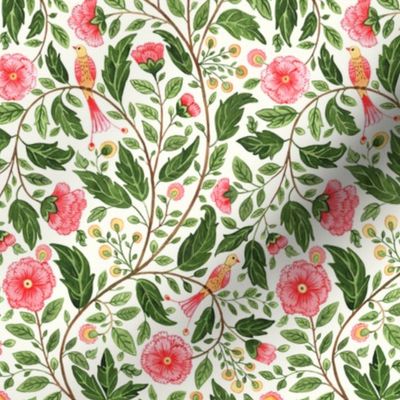 Indian floral, birds and flowers trailing floral watercolor grandmillennial in pink, yellow, green on natural white small scale