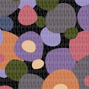 410 -  Large scale witchy moody purples, oranges, green and charcoal  geometric organic irregular hand cut wonky bubbles in graphic bokeh style for curtains, table runners, table cloths and duvet covers.