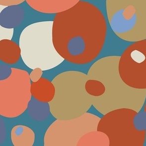 410 -  Large scale orange, tan, periwinkle, burnt umber and off white geometric organic irregular hand cut wonky bubbles in graphic bokeh style for curtains, table runners, table cloths and duvet covers.