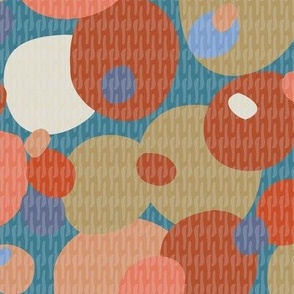 410 - Large scale orange, tan, periwinkle, burnt umber and off white geometric organic irregular hand cut wonky bubbles with subtle design overlay for interest in graphic style for curtains, table runners, table cloths and duvet covers.