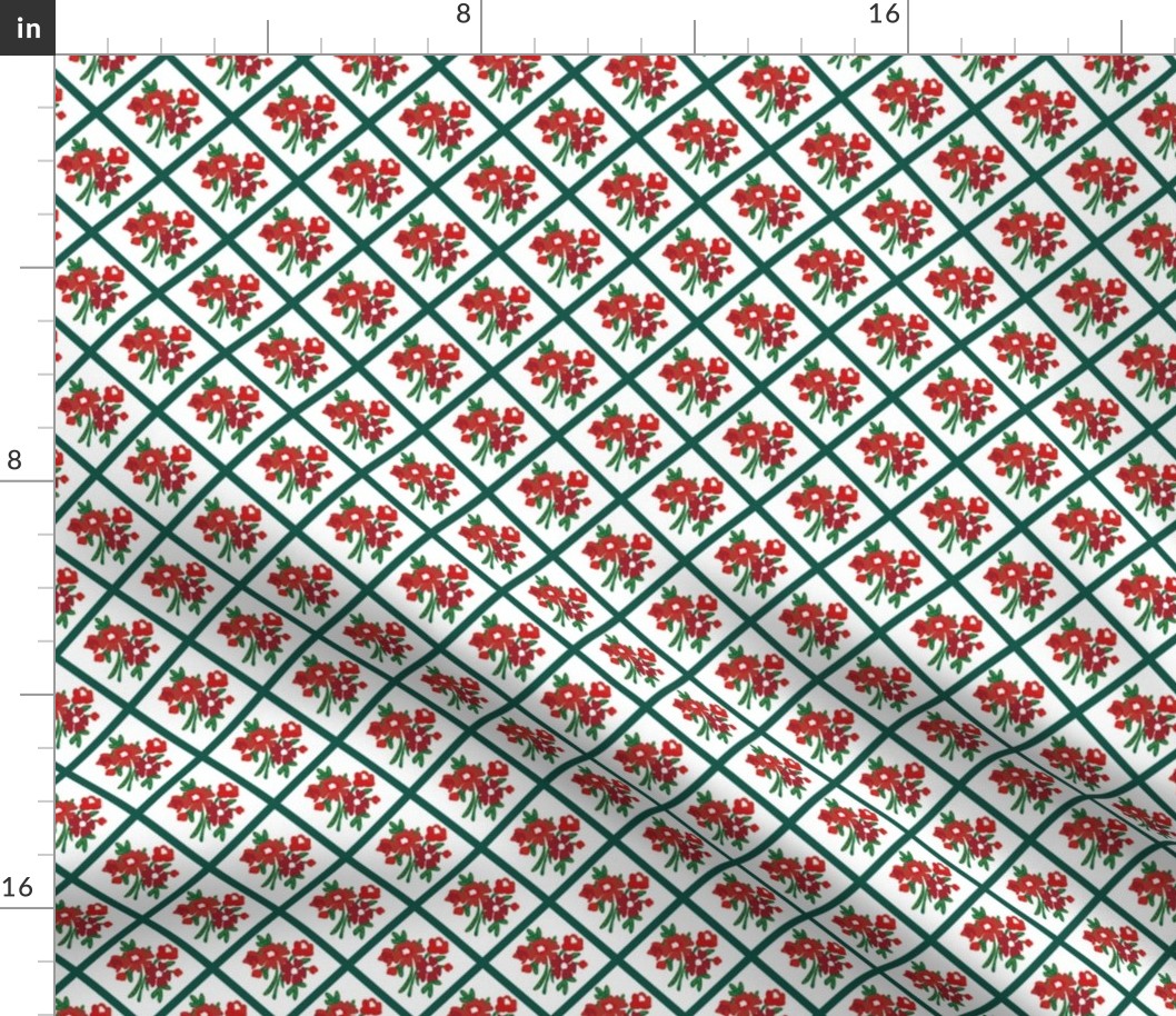French Country Lattice Floral in Christmas Red + Green + White