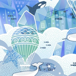 Dreamy Crystal Village in the Night Sky with Sea Animals and Hot Air Balloons- Mint Green- Purple- Lilac- Lavender- Gender Neutral Nursery- Whimsy- Whimsical Kids Wallpaper- Adventure- Bright Pastels-Extra Large