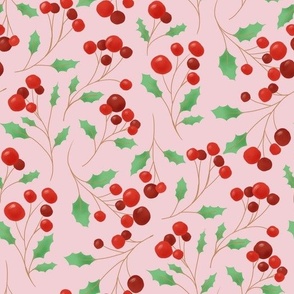 Holly and Red Berries on Pink