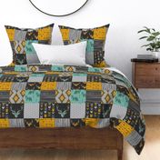 Dad Deer and Fox Quilt - teal, gold, black