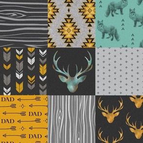 Dad Deer and Fox Quilt - teal, gold, black