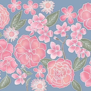 Flowering Blooms in Pastel Pink, Sage Green, and Blue-Gray - Wall Hanging/Tea Towel - Flowercore, Bloomcore, Gift