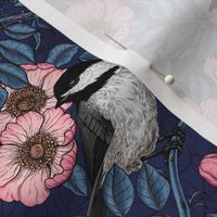 Chickadees in the wild rose, pink and blue 9"