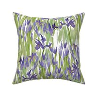 Watercolor Dutch Iris, hand painted in Rich deep purple and matcha green foliage for cottagecore