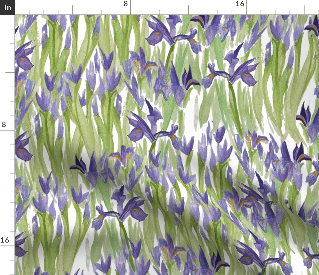 Watercolor Dutch Iris, hand painted in Rich deep purple and matcha green foliage for cottagecore