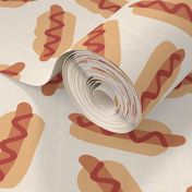 American street food - hotdog stand buns with sausage and ketchup tomato sauce usa 4th of july food on ivory