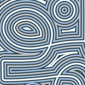 Small / Created with Mola Folk art  from Panama in mind.  Blue and grey loops and lines in an abstract symmetric line work pattern, created to mimic reverse applique.