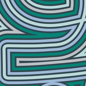 Large / Created with Mola Folk art  from Panama in mind.  Blue, grey and green loops and lines in an abstract symmetric line work pattern, created to mimic reverse applique.
