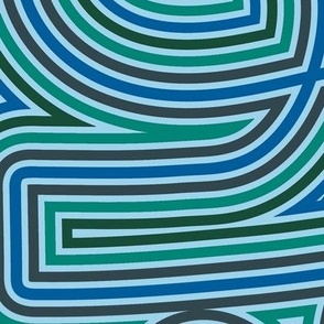 Large / Created with Mola Folk art from Panama in mind.  Blue, Navy and green loops and lines in an abstract symmetric line work pattern, created to mimic reverse applique.