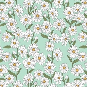 Little marguerite daisies - springtime blossom garden boho daisy floral design with stem and leaves white yellow green teal