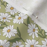 Little marguerite daisies - springtime blossom garden boho daisy floral design with stem and leaves yellow olive green on matcha