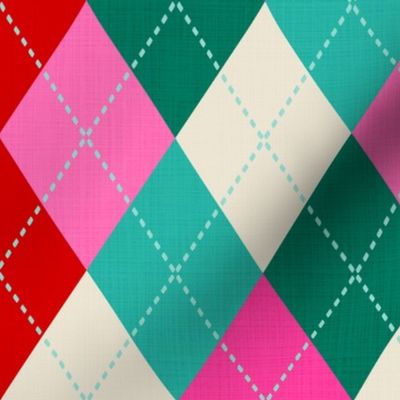 M - Retro Christmas Knitted Argyle Jacquard 5. Pink/Red/Teal Green