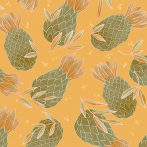 Yellow Pineapple Pattern. Pineapple leaves pattern, novelty, preppy, candy, fruit, spring, holidays, summer, spring, fresh, smug, traditional, dots, spark, female, pink, golden