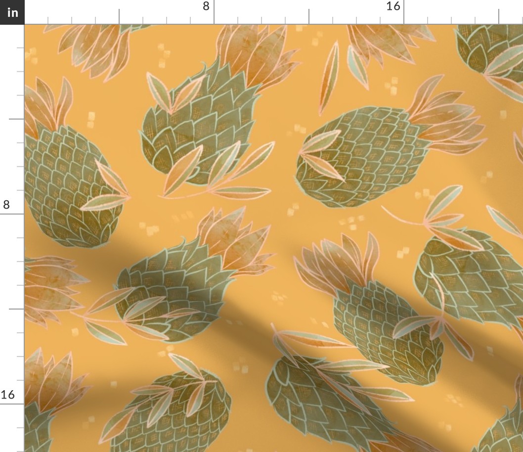 Yellow Pineapple Pattern. Pineapple leaves pattern, novelty, preppy, candy, fruit, spring, holidays, summer, spring, fresh, smug, traditional, dots, spark, female, pink, golden