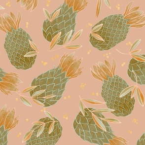 Pink Pineapple Pattern - Pineapple leaves pattern, novelty, preppy, candy, fruit, spring, holidays, summer, spring, fresh, smug, traditional, dots, spark, female, pink, golden