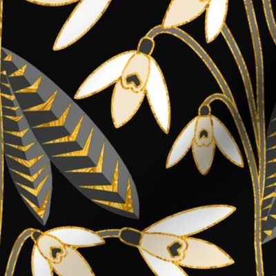 Golden Art Deco Snowdrops - Monochrome - Large Scale