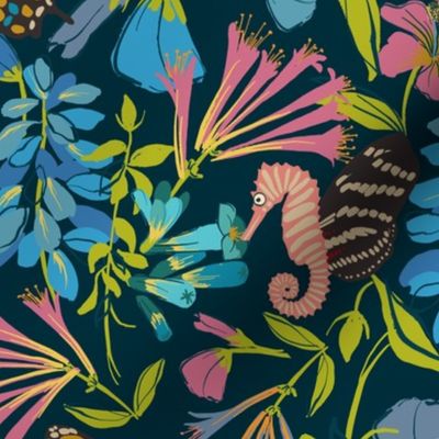 Sea horse butterflies dark  blue  botanical - surrealisms 