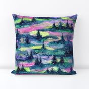 Nothern lights, aurora borealis, Forest trees in the night, Watercolor