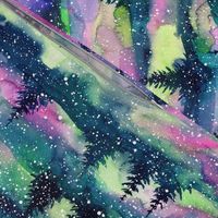 Nothern lights, aurora borealis, Forest trees in the night, Watercolor