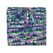 Nothern lights, aurora borealis, Forest trees in the night, Watercolor