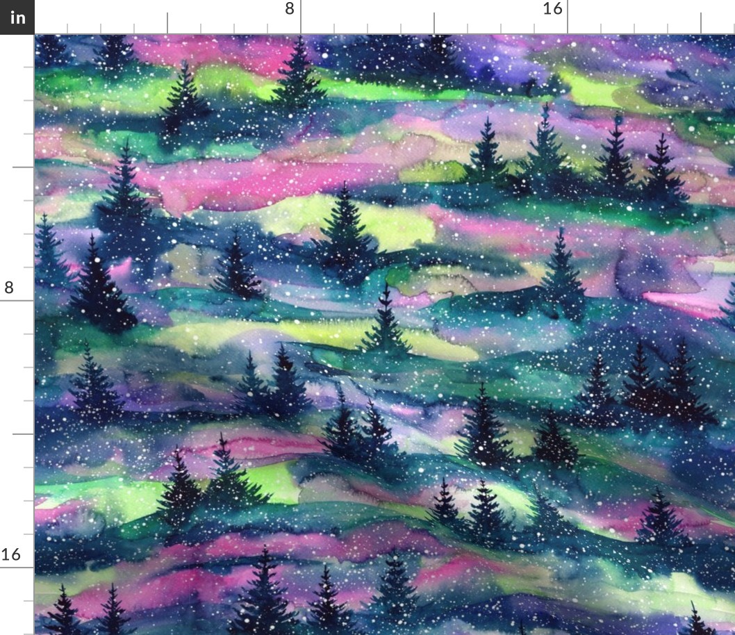Nothern lights, aurora borealis, Forest trees in the night, Watercolor