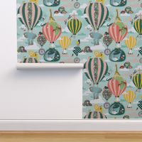 Flying Zoo Hot Air Balloon Childrens Wallpaper on Pale Teal 24x20