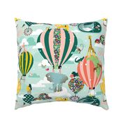 Flying Zoo Hot Air Balloon Childrens Wallpaper on Pale Teal 24x20