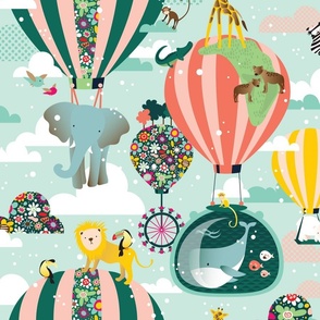 Flying Zoo Hot Air Balloon Childrens Wallpaper on Pale Teal 24x20