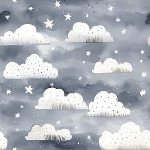 Flyffy clouds. Sky landscape with clouds and stars