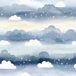 Flyffy clouds. Sky landscape with clouds and stars