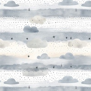 Flyffy clouds. Sky landscape with clouds and stars