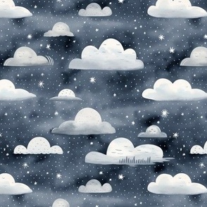 Flyffy clouds. Sky landscape with clouds and stars