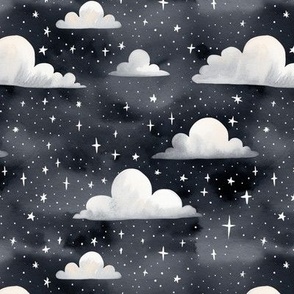 Flyffy clouds. Sky landscape with clouds and stars