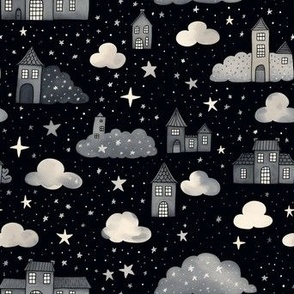 Flyffy clouds and castles. Sky landscape with houses, clouds and stars
