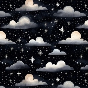 Flyffy clouds. Sky landscape with clouds and stars