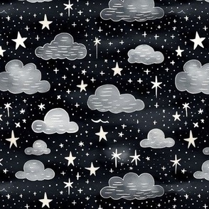 Flyffy clouds. Sky landscape with clouds and stars